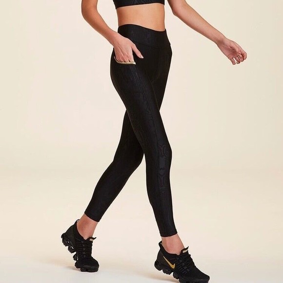 Alala Womens Black Gold Side Pocket Aphrodite Tight Leggings Medium Shiny - Picture 2 of 10